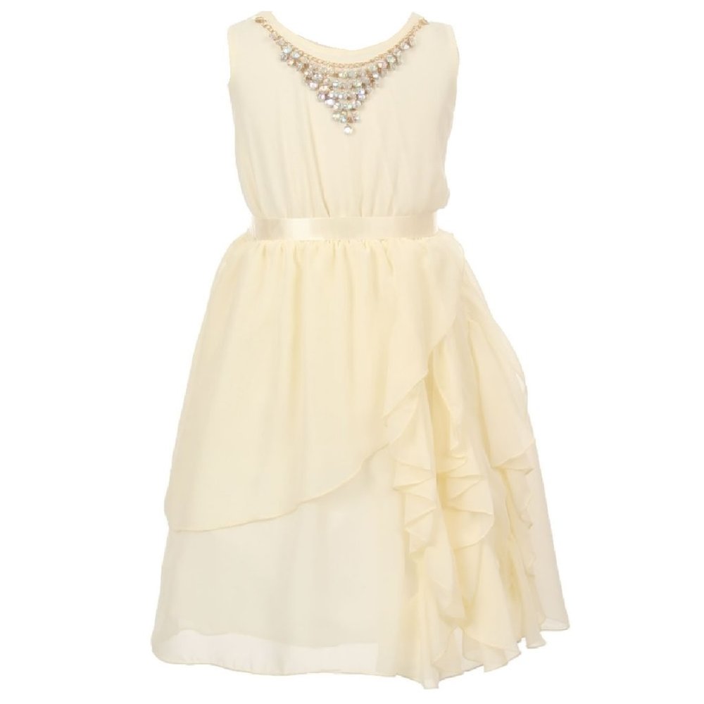 Little Girls Round Neck Chiffon Necklace Ruffle Easter Party Flower Girl Dress